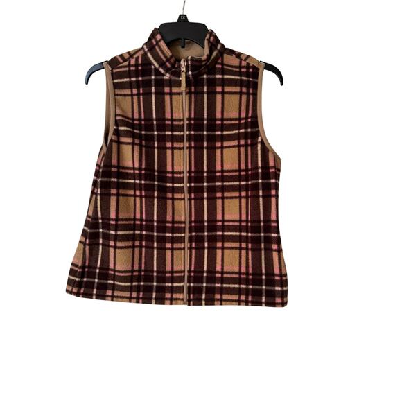 Vintage Y2K Fleece Mountain Lake Brown/Pink Plaid Vest Sleeveless Women's L - Picture 4 of 5